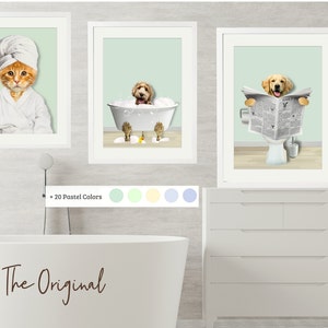 Funny dog Labrador and pet sitting on the toilet reading the newspaper. Perfect gift for a friend or family member. Dog sitting in the bathroom reading the newspaper. Custom pet portrait design. Mother's Day 2023.