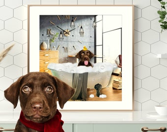 Custom Pet Portrait Funny photo Custom Dog Cat in Bathtub Print Love Pet in Tub Bathroom Art Personalized gifts Pet Mother's day gift 2023