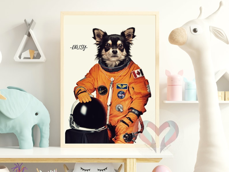 Chihuahua hond gekleed in een vintage NASA kostuum