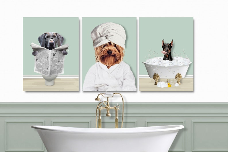 Set of three custom pet portraits in the bathroom. You can choose background color. Cats or dogs are able. Funny custom pets in the bathroom.