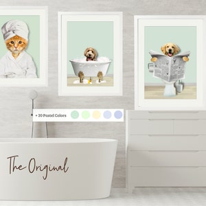 Set of three custom pet portraits in the bathroom. You can choose background color. Cats or dogs are able. Funny custom pets in the bathroom.