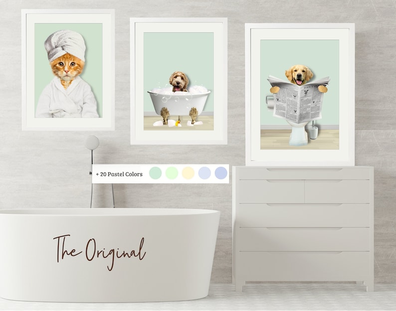Set of three custom pet portraits in the bathroom. You can choose background color. Cats or dogs are able. Funny custom pets in the bathroom.