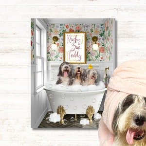 Funny custom pet portrait in the toilet reading newspaper. Mother´s day gift 2023. Original flowers background.