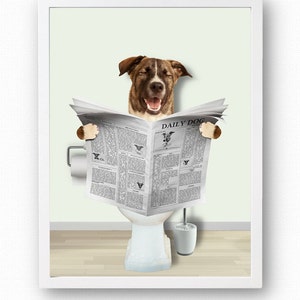 Happy dog laughing while sitting in the toilet reading newspaper. Funny custom pet portrait.