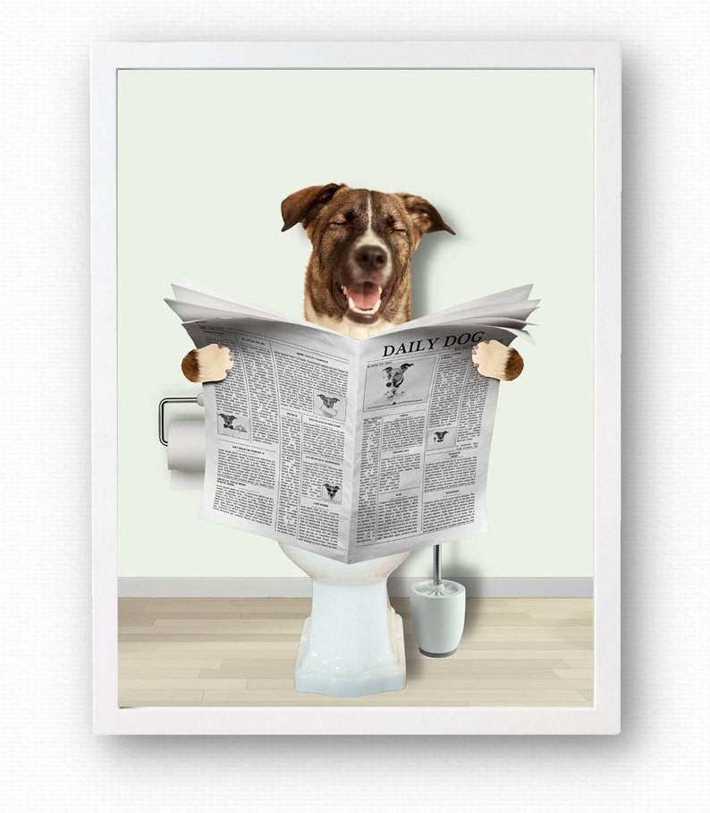 Happy dog laughing while sitting in the toilet reading newspaper. Funny custom pet portrait.