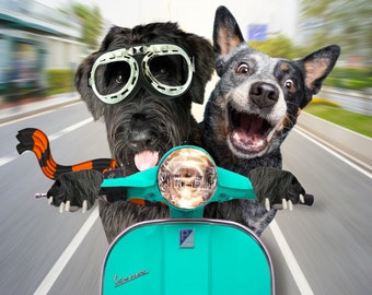 Retrato de mascota personalizado Foto de motocicleta divertido Perro personalizado Mascota en moto Imprimir Animal en vespa Arte Regalos personalizados Regalo Día de la Madre 2023