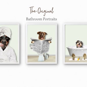 Set of three custom pet portraits in the bathroom. You can choose background color. Cats or dogs are able. Funny custom pets in the bathroom.