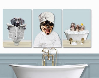 Set of 3 Custom Pet Portraits  Funny Dog or Cat Portrait Pet in Bathtub Dog in Toilet Personalized pet gift Bathroom Mother's day gift 2023