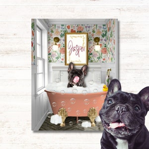 Funny custom pet portrait in the toilet reading newspaper. Mother´s day gift 2023. Original flowers background.