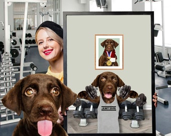 Custom Pet Portraits in the Gym Funny Dog or Cat Portrait Pet in Crossfit Dog in Gym Personalized pet gift dumbbles Mother's day gift 2023