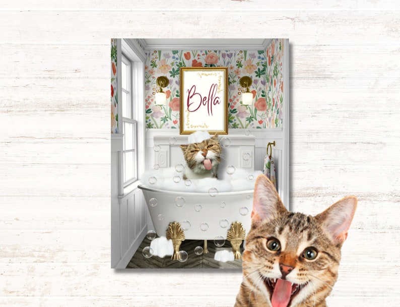 Funny custom pet portrait in the toilet reading newspaper. Mother´s day gift 2023. Original flowers background.