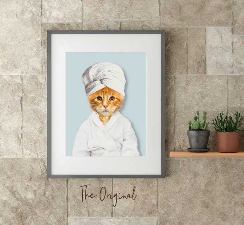Funny cat in a custom pet portrait with a robe in the bathroom.