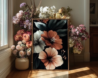 花柄 陶器絵画 金色フレーム付き 額装済み植物画プリントセット：金箔フレーム、花柄の壁飾り #328