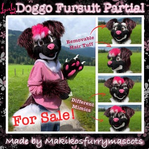 May include: Partial fursuit for sale, featuring a black and white dog head with pink accents. The fursuit includes a removable hair tuft and different facial expressions. The fursuit is made by Makikosfurrymascots.