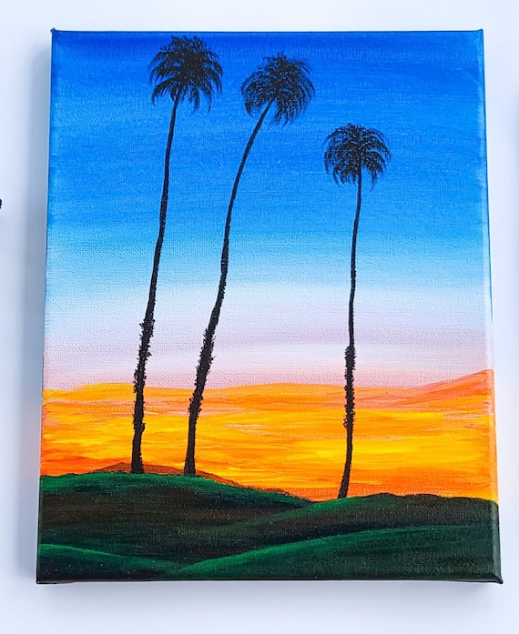 FREE SHIPPING US Acrylic on 8x10 Canvas Sunset Painting Palm Tree Painting  Canvas Painting 