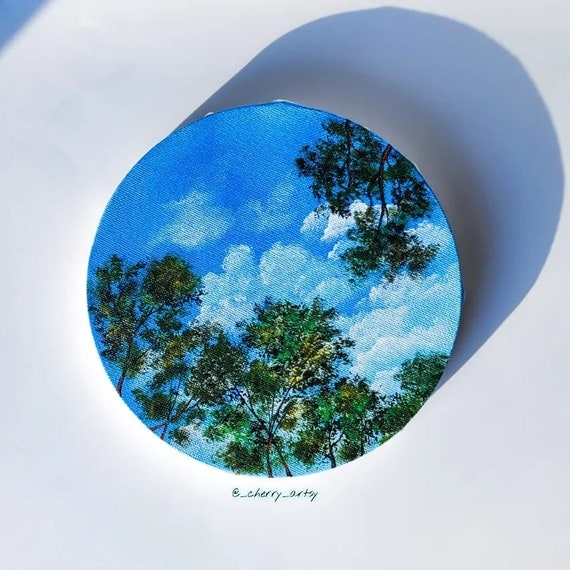 FREE SHIPPING US* Acrylic on round canvas* summer sky * Day painting*  Forest aerial view* canvas painting