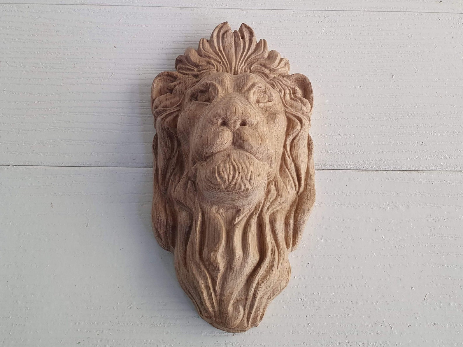 Lion Head Pediment Applique, Unpainted, Carved Wood Face, Wood Carving