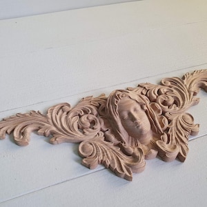 Our Lady carved decoration of wood, horizontal decor, wooden onlay.