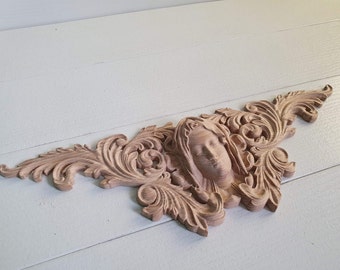 Our Lady carved decoration of wood, horizontal decor, wooden onlay.