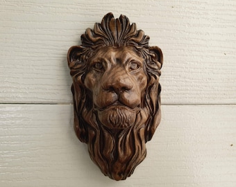 ライオンの頭のペディメントアップリケ、彫刻された木製の顔、木彫りの