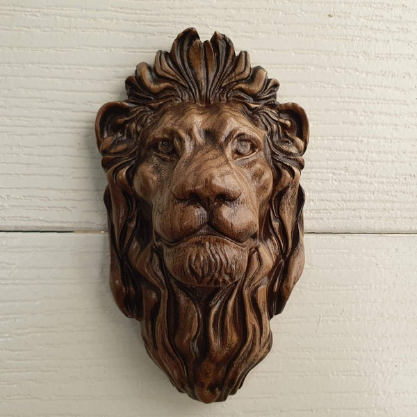 Lion head pediment applique, Painted Carved Wood Face, Wood Carving, Wall Art, Wood Onlay, Carved lion, Wood applique, Rosette lion head