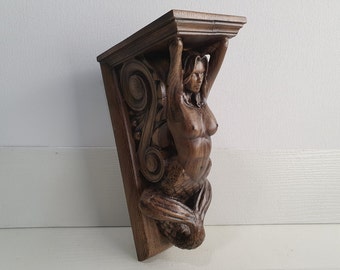 Corbel zeemeermin van hout, decoratieve gesneden houten console, 1 st, huismuurversieringen, houten onlays, decor houten muurkunst