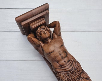 Atlas Carved Wooden Corbel, Painted, Telamon, Decorative Carved Wooden Corbel, 1pc, Home Wall Embellishments, wood wall art decor