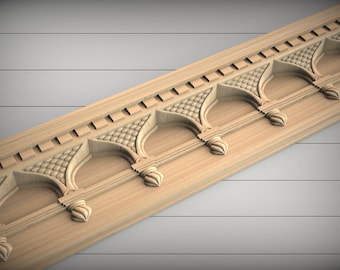 May include: A carved wooden architectural molding with a repeating arched design. The light-colored wood features detailed patterns and textures, including a series of arches and decorative elements. The molding is angled against a light gray background.