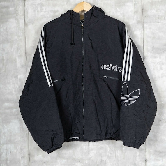 Vintage Adidas Hooded Jacket Size Extra Large Black Stripes | Etsy