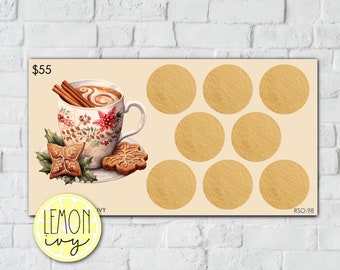 May include: A printable digital download of a Christmas-themed gift card with a festive illustration of a cup of hot cocoa with cinnamon sticks, whipped cream, and gingerbread cookies. The card has a gold background with eight gold circles for writing in. The card has the text "$55" and "Lemon Ivy" on it.
