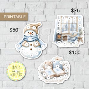 May include: Printable winter-themed stickers featuring a snowman, a cozy room with a fireplace, and a candle with a book. The stickers have numbered circles and are priced at $50, $75, and $100. The stickers are from Lemon Ivy Budgets.