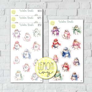 May include: A sheet of stickers featuring watercolor illustrations of winter birds wearing scarves. The stickers are on a white background and have a variety of colors, including blue, red, purple, and green. The stickers are labeled with prices ranging from $2 to $100.