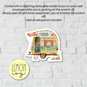 May include: A colorful illustrated sticker of a vintage camper van with a floral design. The camper has a red awning, a yellow body, and blue and green accents. The sticker is perfect for adding a touch of whimsy to any surface.