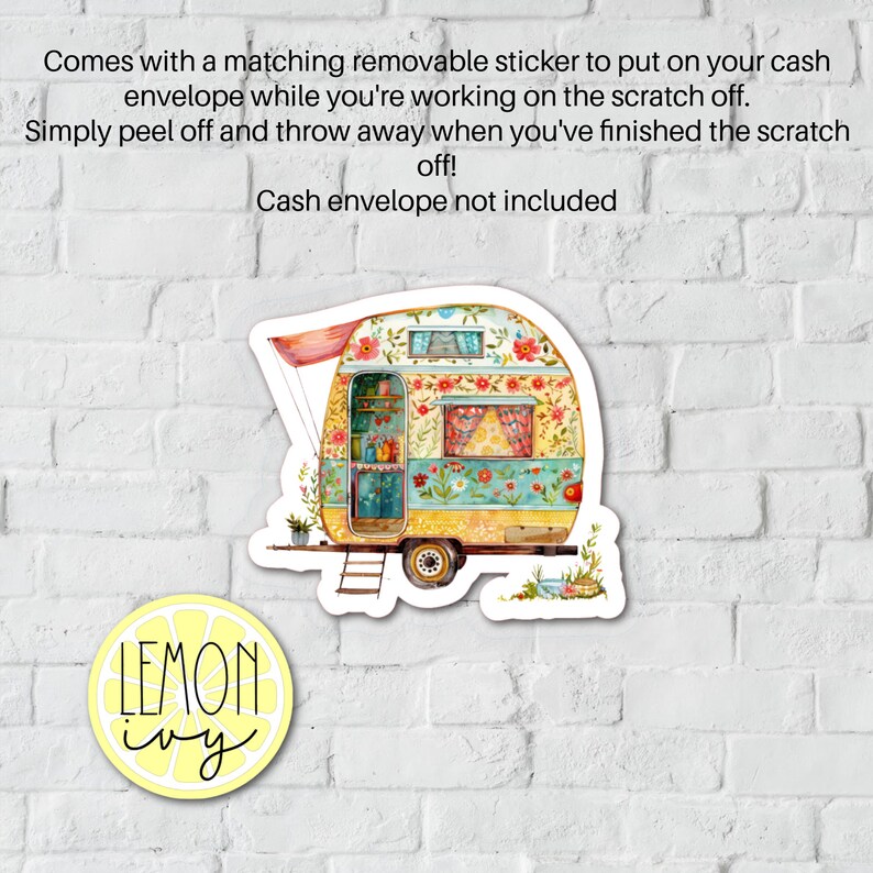 May include: A colorful illustrated sticker of a vintage camper van with a floral design. The camper has a red awning, a yellow body, and blue and green accents. The sticker is perfect for adding a touch of whimsy to any surface.