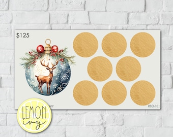 May include: A blue and white Christmas ornament with a deer inside. The ornament is surrounded by red berries and green pine branches. There are eight gold circles on a white background. The text "RSO-101" is in the bottom right corner.
