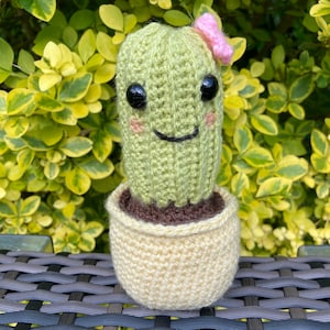 May include: A crocheted cactus plant with a smiling face, black eyes, and a pink bow. The cactus is light green and sits in a cream-coloured pot with brown soil. The background features green and yellow foliage.