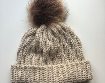 Women's Bobble Hat, Handmade Crochet Cable Stitch Hat