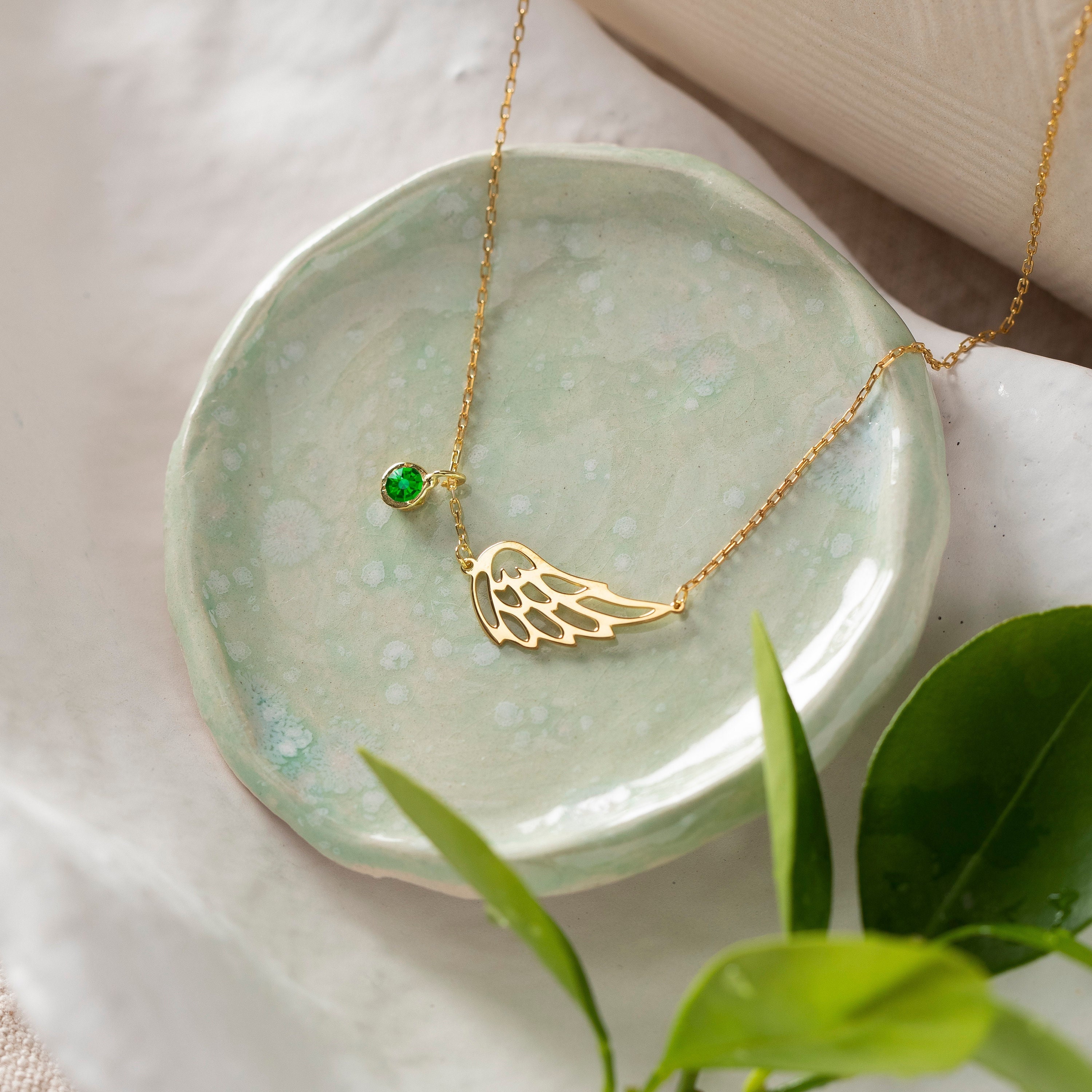 Birthstone Angel Wing Necklace 14K 