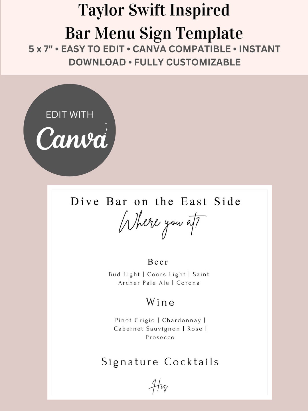 Bar Menu Taylor Swift Sign Template for Canva, Signature Drinks