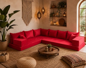 Handmade L-shape Luxury Red Corner Velvet Floor Sofa Set – Arabic Majlis Style
