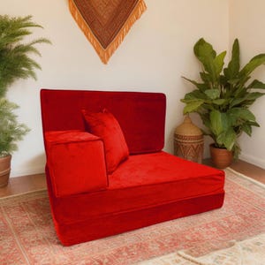 PLUSH Venetian Red Velvet Floor Sofa Set – Bohemian Lounge Seating, 5-Piece Modular Cushions
