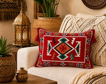 Handmade Turkish Kilim Cushion Cover 65 x 45 cm | Double Sided Lumbar Pillow Cover with Tassels | Boho Moroccan Farmhouse Sofa Decor