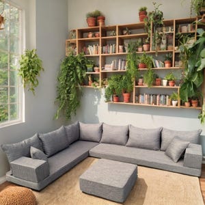 Grey Natural Linen Corner Sofa Set - Bohemian Lounge Seating, Arabic Majlis Inspired, Moroccan Floor Cushion Comfort, Home Decor Furniture