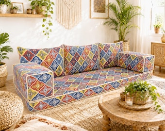Handgjord arabisk Majlis golvsoffa, boho benfri marockansk loungesoffa