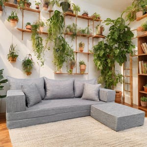 Grey Linen Floor Sofa Set – Bohemian Lounge, Arabic Majlis Style