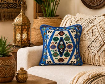 Handmade Turkish Kilim Cushion Cover 40 x 40 cm | Double Sided Scatter Pillow Cover with Tassels | Boho Moroccan Farmhouse Sofa Decor