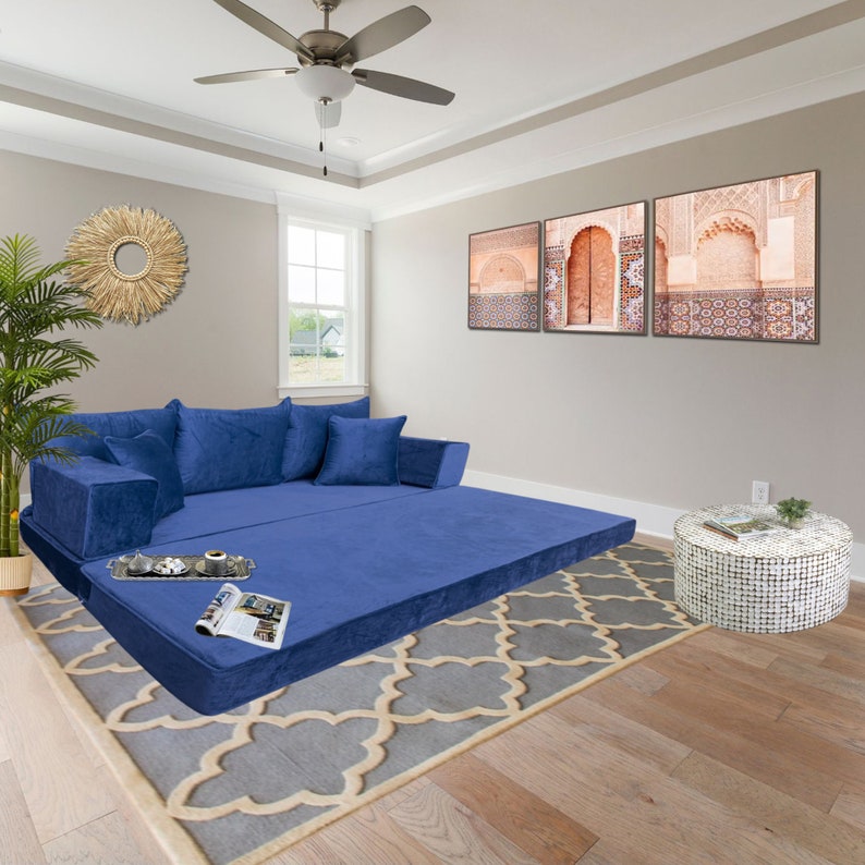 Modular Green Velvet Floor Sofa Set Bohemian Lounge Seating, Arabic Majlis Inspired, Floor