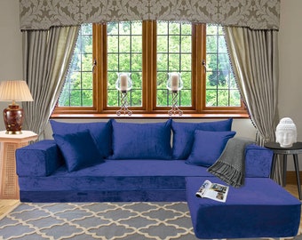 Handmade Velvet Floor Sofa Set, Navy - Arabic Majlis, Bohemian, Modular Seating, Floor Cushion Comfort, Home Decor Furniture