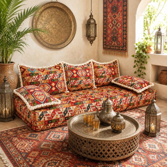 Handgefertigte marokkanische Boden Sofa Set, Boho arabische Majlis Sofa, modulare knochenlose Couch