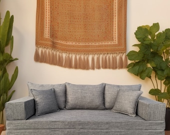 Conjunto de sofás de lino natural gris - Asientos de salón boho, inspiración árabe Majlis, comodidad de cojín de suelo marroquí, muebles de decoración del hogar
